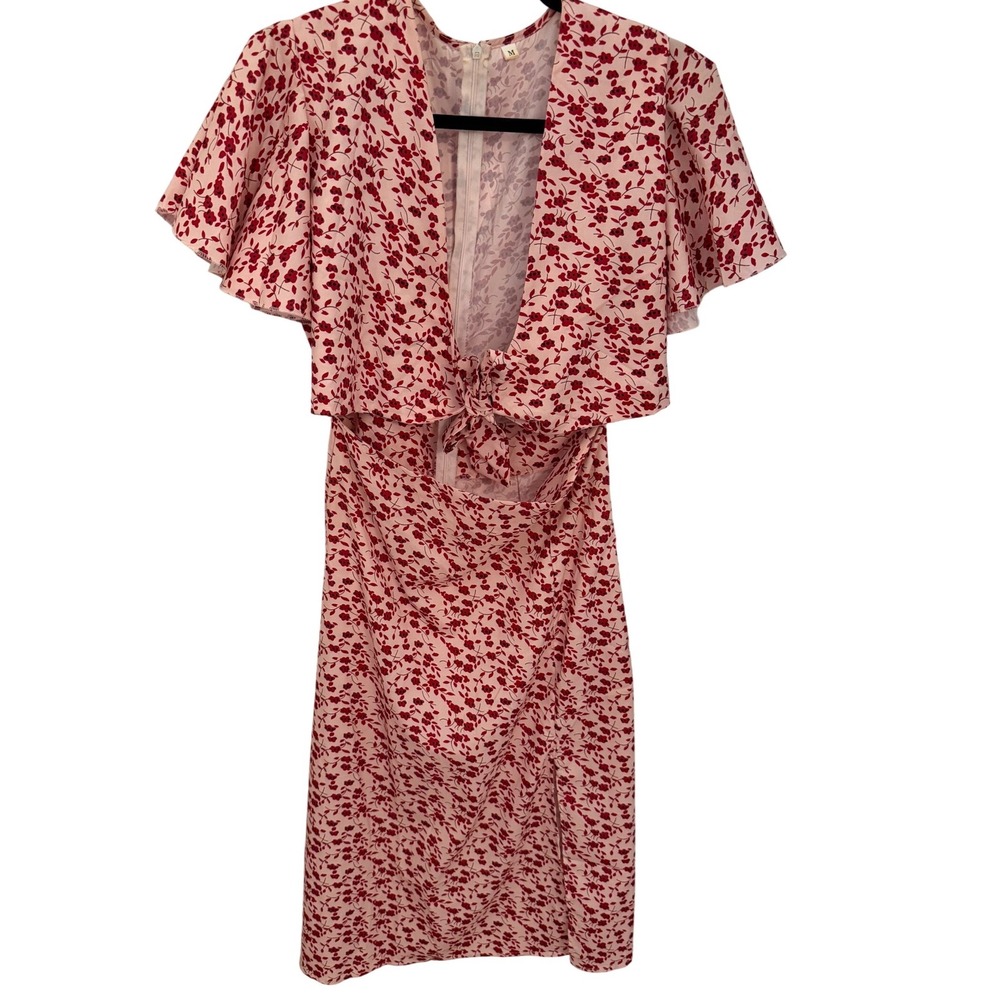 Floral Cutout Tie Front Midi‎ Dress Pink Red Flutter Sleeve Side Slit sundress